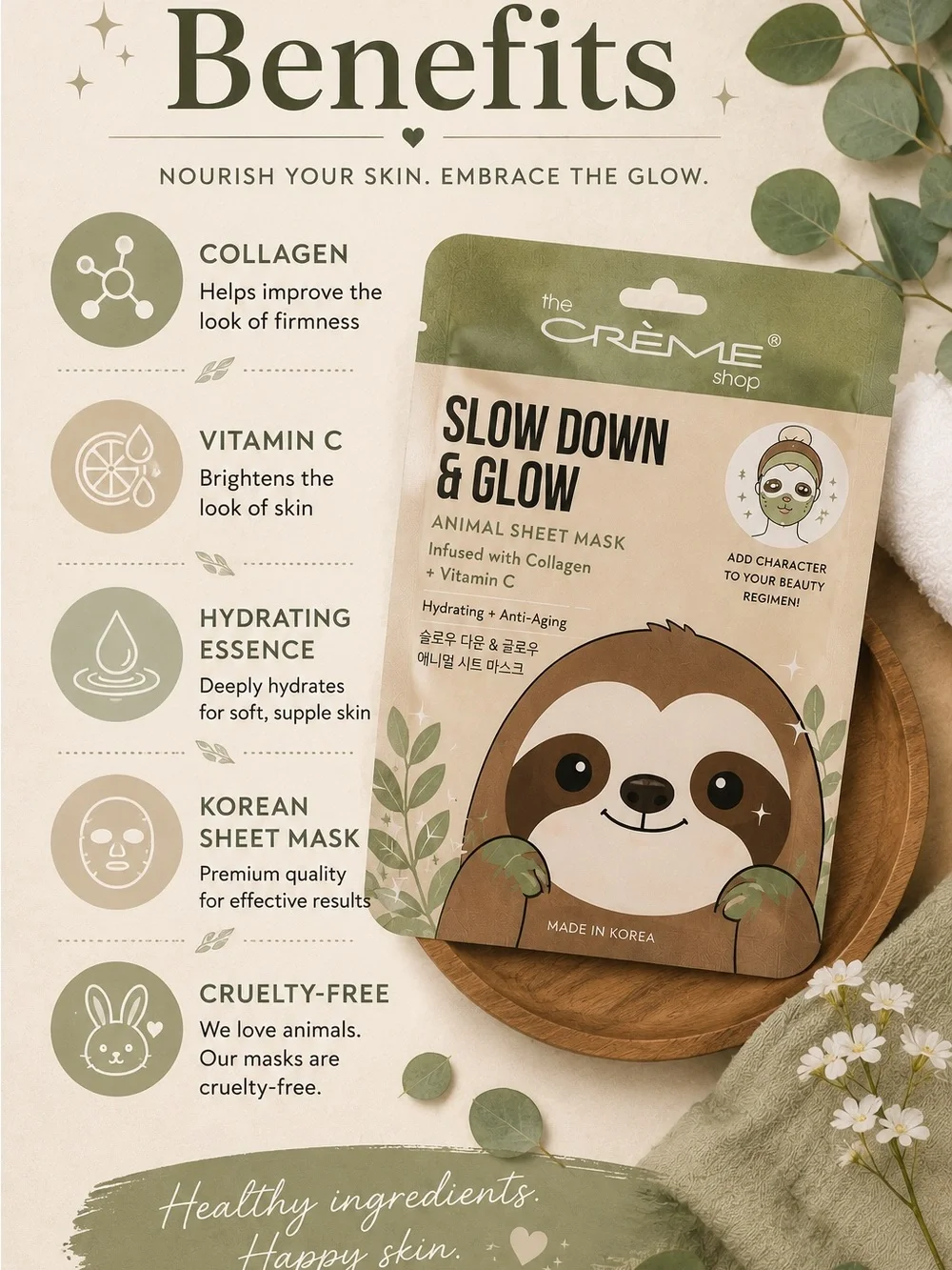 The Crème Shop Slow Down & Glow Sloth Sheet Mask | Collagen + Vitamin C